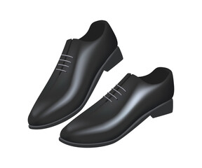 Formal shoes 3D realistic illustration. Fashion footwear black. Party wear leather formal shoes. Vector illustration isolated on white background