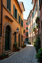 Obraz premium a street with cobblestones and Italian houses in cinematic style