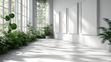 Bright Interior Space with Blank White Frames and Green Plants