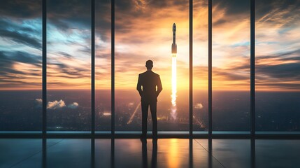 Fototapeta premium Business Conference Highlighting a Rocket Launch Projection: Innovation and Growth
