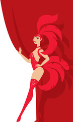 Showgirl opening Red Curtain. Cabaret dancer in red feather stage costume on Front Stage.