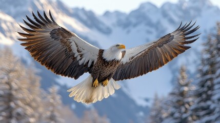 Obraz premium Majestic Bald Eagle Soaring Over Snowy Mountains