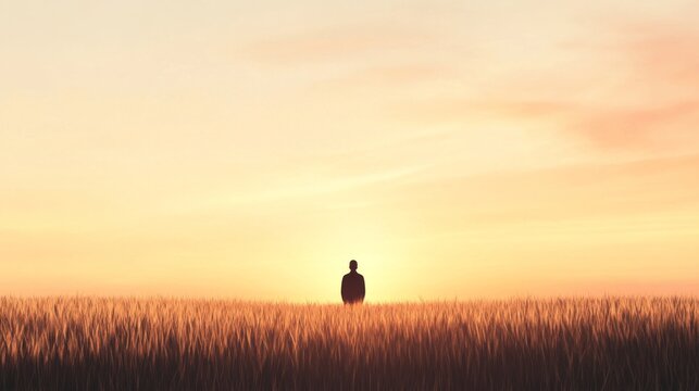 Silhouetted person sitting in a golden wheat field at sunset.