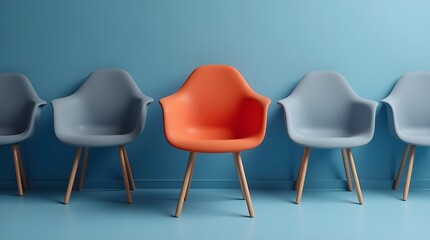 Red chair stands out in a row of blue chairs, emphasizing individuality and modernity. The scene showcases minimalist design with harmonious colors and stylish furniture arrangement.