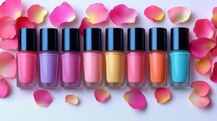 Vibrant nail polish collection arranged with petals in a dreamy floral setting