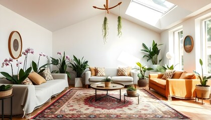 A bohemian-inspired living room featuring a colorful woven rug, low furniture with natural textures, and an abundance of indoor plants