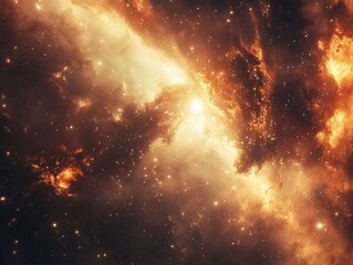 Naklejka premium A bright yellow star is surrounded by a cloud of orange gas. The star is the center of the image and the gas is surrounding it