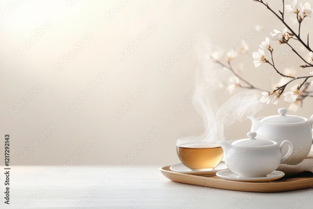 Poster a minimalist 2d drawing of a tea set with steam gently rising, placed on a simple table with soft be