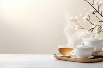 Fototapeta premium A minimalist 2D drawing of a tea set with steam gently rising, placed on a simple table with soft beige tones on a white background