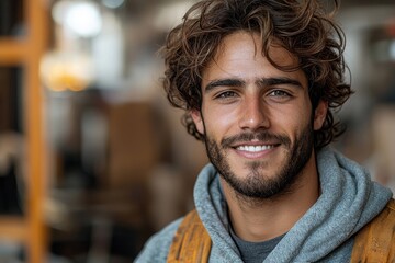 Obraz premium A large warehouse with a happy Hispanic male worker