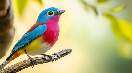 Colorful bird perched on a branch against a blurred background in a natural setting. Generative AI