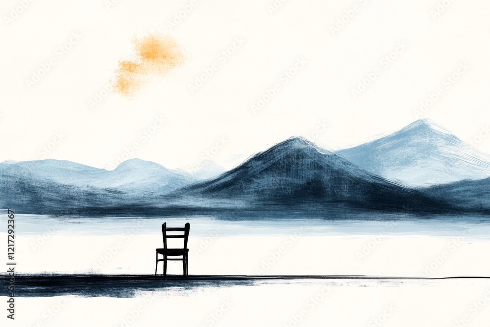 Poster a minimalist depiction of a single chair in the middle of an empty room, drawn with clean lines and 