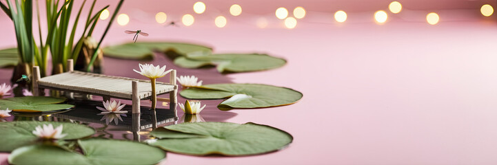 Fototapeta premium Serene Lily Pond with Wooden Dock Dragonflies Pink Background