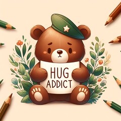 a cute bear-hugging a sign that reads HUG ADDICT in bold, white hand-drawn letters, Bear hug label, hug day banner, poster for website, template, Bear holding sign, created with generative ai