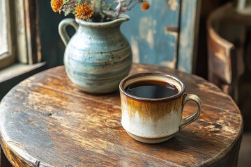 Warm cup of coffee on wooden table next to a pottery pitcher with flowers in a cozy setting