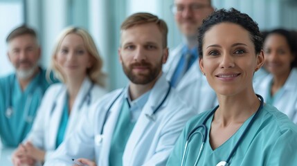 A diverse group of healthcare professionals in scrubs and lab coats, smiling confidently, representing teamwork and commitment in a clinical environment.