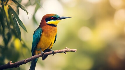 Fototapeta premium Colorful bird perched on a branch against a blurred background in a natural setting. Generative AI