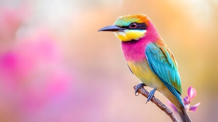 Obraz premium Colorful bird perched on a branch against a blurred background in a natural setting. Generative AI