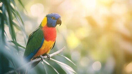 Fototapeta premium Colorful bird perched on a branch against a blurred background in a natural setting. Generative AI