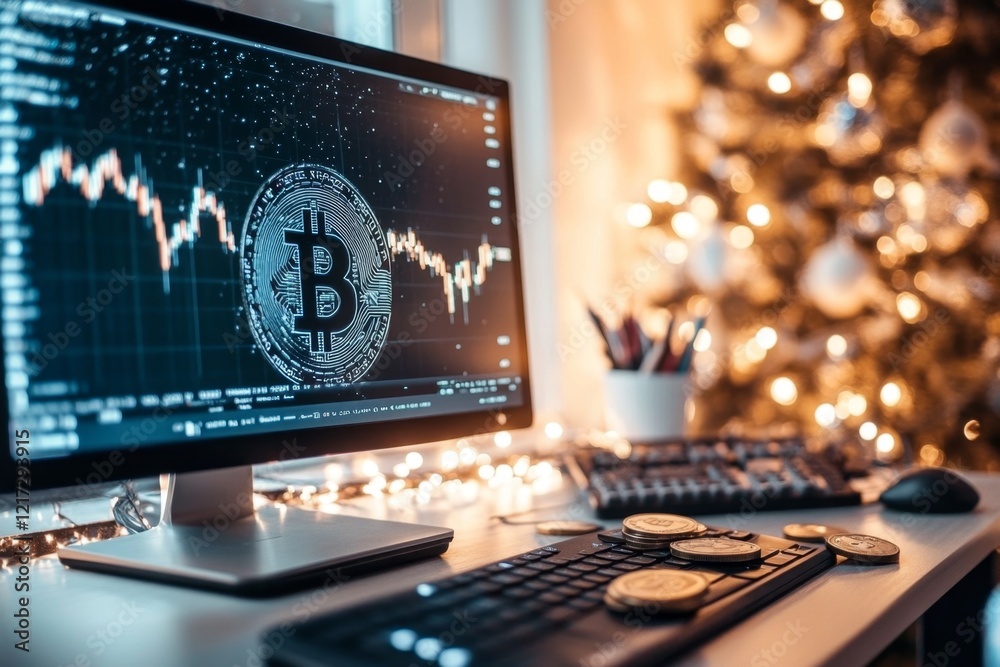Poster A modern desk setup with a computer displaying cryptocurrency trading data and coins scattered on the surface