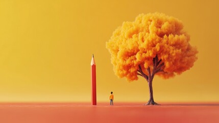 A man stands in front of a tree with a pencil in his hand. The scene is set against a yellow background, creating a warm and inviting atmosphere