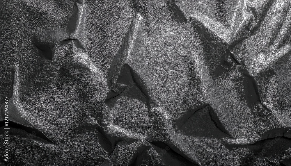 Poster crumpled textured black fabric with reflective glossy surface, abstract geometric folds for backgrou