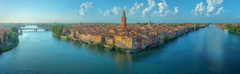 Naklejka premium Aerial shot of the Rhine at sunrise, featuring the Theodor-Heuss bridge from the Mainz Rhine bank