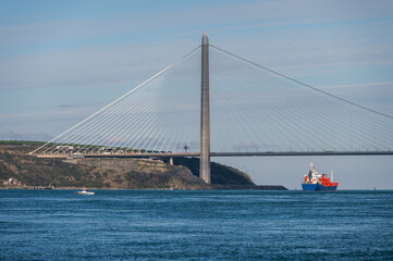 The Bosphorus flows into the Black Sea, view from the ferry, Anadolu Kavağı, Istanbul, Turkey. Sunny day