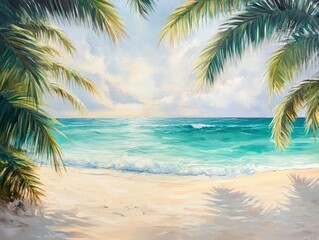 Obraz premium A tropical paradise with calm, turquoise waters gently touching a sandy beach, framed by palm trees and the sound of soft ocean breezes