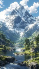 Fototapeta premium Scenic mountain valley with a flowing river under a bright sky and majestic peaks