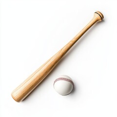 Baseball bat and baseball ball on a white background with sharp details and high contrast lighting