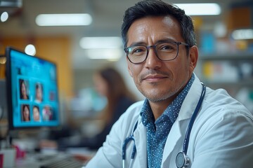 Fototapeta premium Male doctor, chin in hand, working on a computer in his office