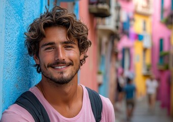Fototapeta premium A jovial young man stands in front of a bright blue setting, puckering his lips and giving a thumbs up to express his approval and satisfaction