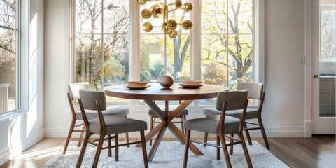 A large wooden table with a chandelier hanging above it. The table is surrounded by four chairs, and a vase is placed on the table. The room has a warm and inviting atmosphere