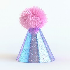 Glittery Party Hat with Pink PomPom on White Background
