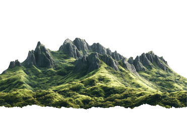 a green mountain range with rocky outcrops and lush vegetation isolated on a transparent background