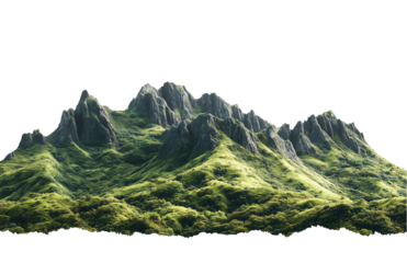 a green mountain range with rocky outcrops and lush vegetation isolated on a transparent background