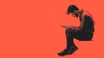 Young man sitting alone, engrossed in his phone, against a vibrant red background