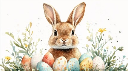 A cute Easter bunny surrounded by decorated eggs and greenery in a festive wreath, symbolizing spring, joy, and celebration. Ideal for Easter decor, holiday designs, and children's visuals.