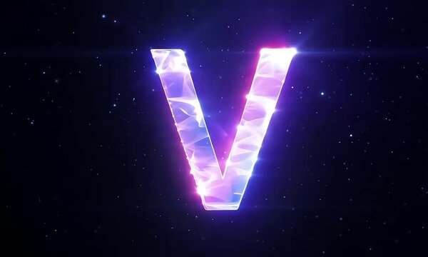 Luminous letter v sparkling light effect dark background futuristic typography