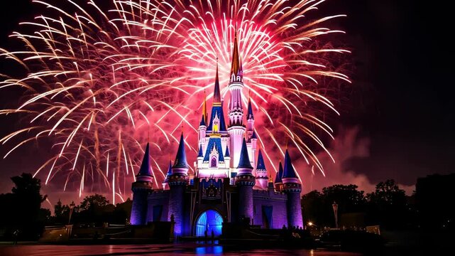 Magical Fireworks over Castle at night