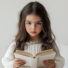 Young girl reading an open book indoors with a calm expression on her face