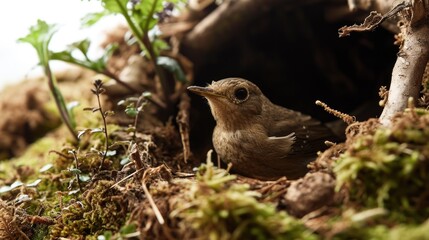 Close-up of bird inside hollow tree, with grass and leaves.