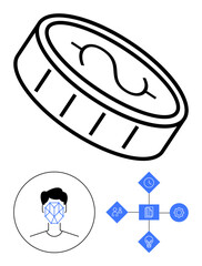 Coin with dollar sign, human facial recognition, and connected icons for people, documents, time, and settings. Ideal for finance, AI, security connectivity innovation biometrics abstract line