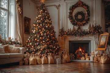 Fototapeta premium Beautiful living room interior featuring a fireplace and a Christmas tree, adorned with Christmas decorations