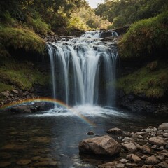 Fototapeta premium A small waterfall with a rainbow arching above.