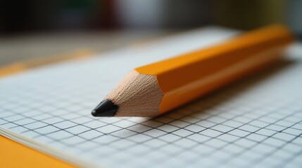 Close-up of an orange pencil resting on a grid notebook page with soft lighting in a study space