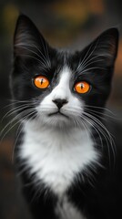 Fototapeta premium Black and white cat with striking orange eyes among blooming flowers in a garden