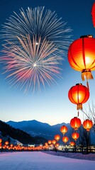 Obraz premium Vibrant fireworks over a snowy landscape, with glowing red lanterns lining the trees