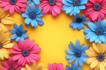 Fototapeta premium Bright and Colorful Floral Frame with Pink, Blue, and Yellow Flowers on Yellow Background for Seasonal Decor